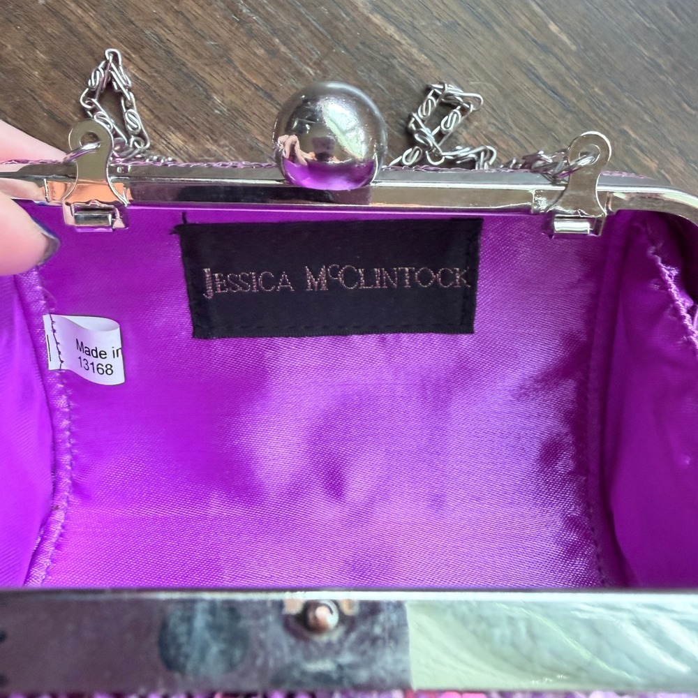 Jessica McClintock Pink Sequin Clutch Evening Bag Chain Strap Party Purse - Picture 3 of 5